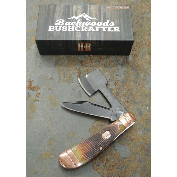 Rough Ryder Rider BACKWOODS BUSHCRAFTER Trapper HACKSAW Taschenmesser Knochengriff