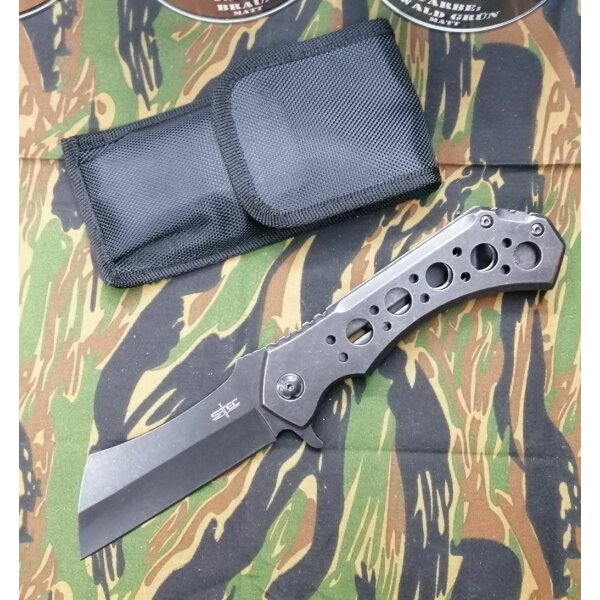 S-Tec Cleaver XL Taschenmesser Messer 440 Stahl STONEWASH Tasche 26 cm