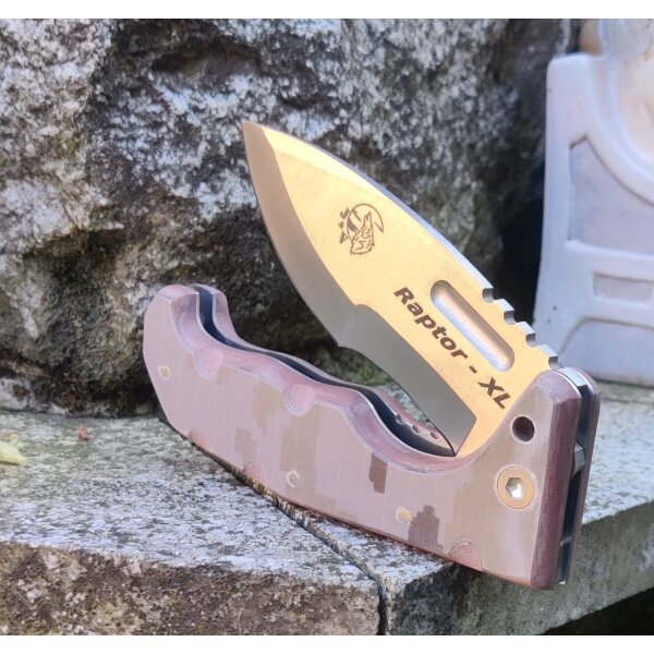 J&V Adventure Knives RAPTOR XL DESERT Messer Taschenmesser Micarta MV-58 Stahl