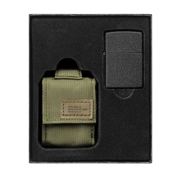 Zippo Black Crackle Green Pouch Geschenkset Sturmfeuerzeug