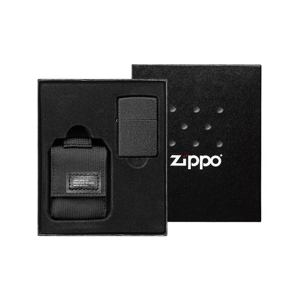 Zippo Black Schwarz Crackle Set mit Nylonpouch Geschenkset Sturmfeuerzeug