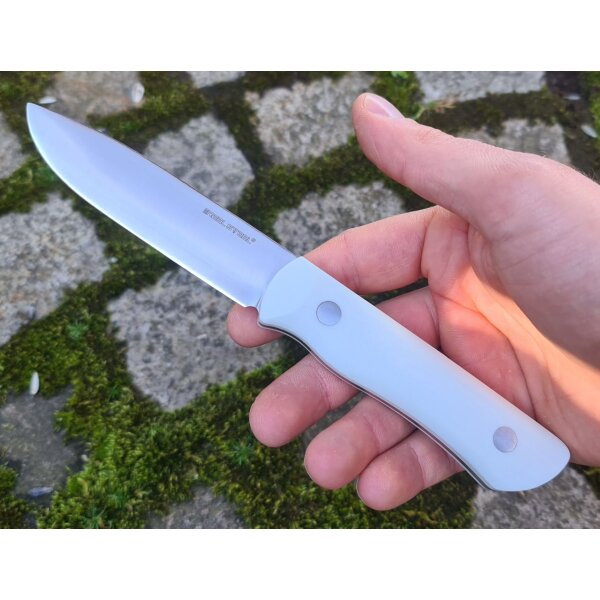 Real Steel Bushcraft III white convex Outdoormesser D2 Stahl Lederscheide