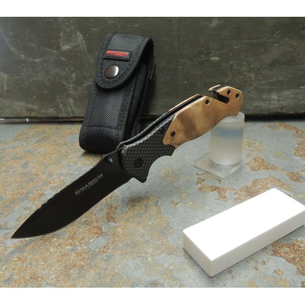 Böker Magnum BLOMKVIST Olive Arbeits-und Rettungsmesser Etui Schleifstein 01MB736