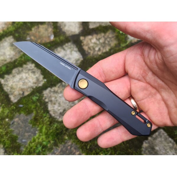 Real Steel RSK SOLIS Titanium Golden Hardware/Black Messer Slipjoint N690 Stahl Titangriff