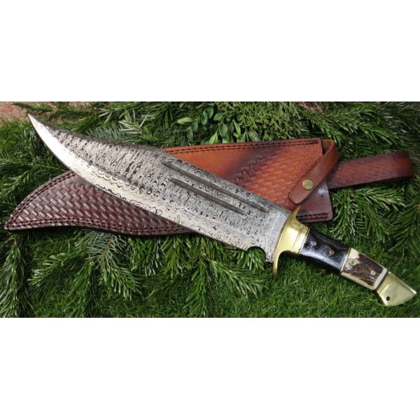 Rough Ryder Rider HEAVY DAMASCUS Bowie Messer Damastklinge Horn-, und Holzgriff