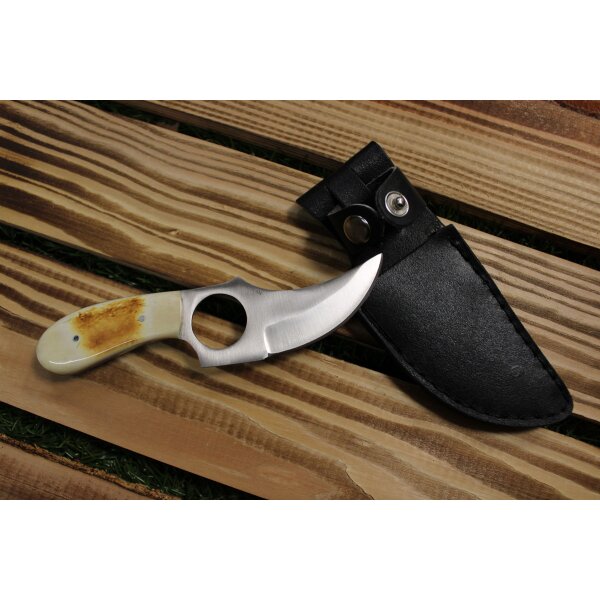 Pakistan SHORT SKINNER CAMEL BONE Messer mit Fingerloch und Kamelknochengriff