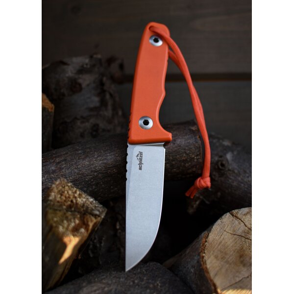 Schnitzel TRI Outdoormesser orange Sandvik 14C28N Stahl Kydexscheide
