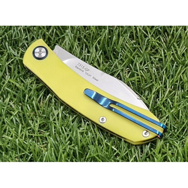 Sanrenmu Messer 7315-GP Slipjoint 12C27 Sandvik Stahl §42a konform G10 Griff gelb