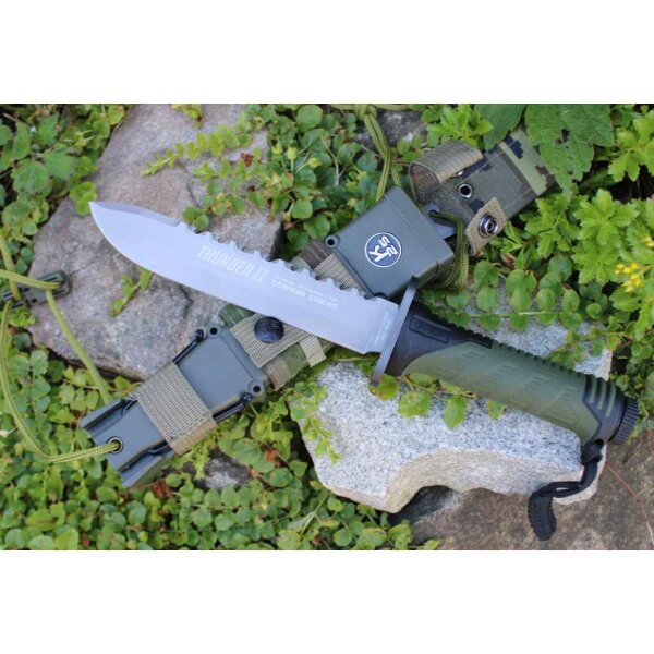 K25 Messer THUNDER II OLIVE Fahrtenmesser + Zubehör 8Cr13MoV Stahl SFL Griff