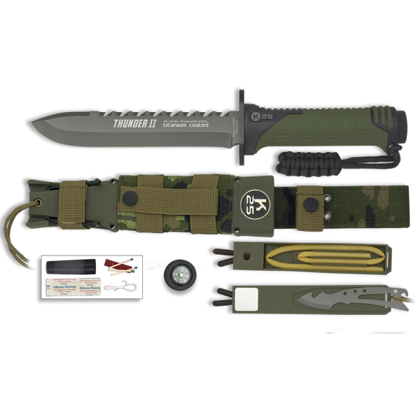 K25 Messer THUNDER II OLIVE Fahrtenmesser + Zubehör 8Cr13MoV Stahl SFL Griff