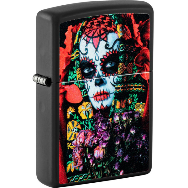 ZIPPO schwarz matt color "Sugar Skull Woman"  Glow in the Dark blue