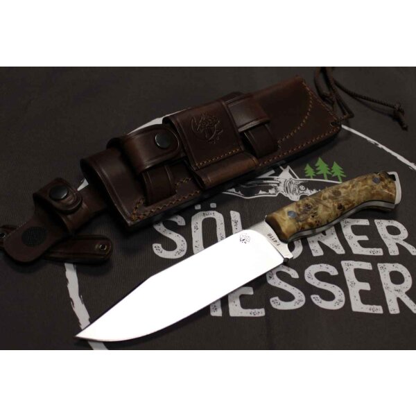 J&V Forester Knives Anubis 4116 Stahl Maserpappel inkl. Lederscheide Handmade