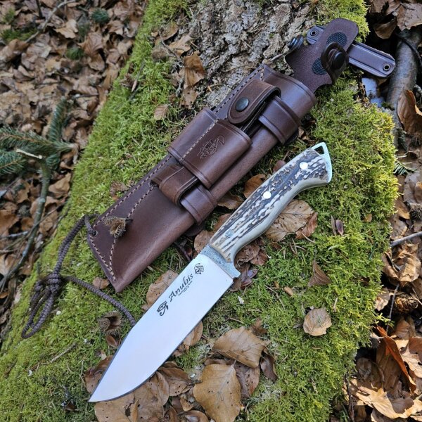 J&V Forester Knives Anubis Carbonstahl Hirschhorn Horn inkl. Lederscheide braun Handmade