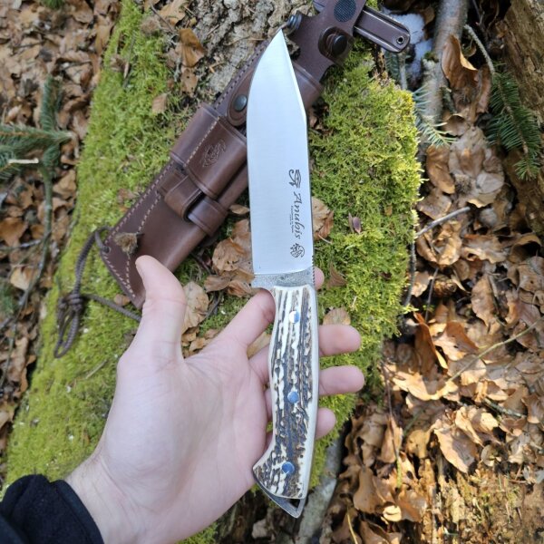 J&V Forester Knives Anubis Carbonstahl Hirschhorn Horn inkl. Lederscheide braun Handmade