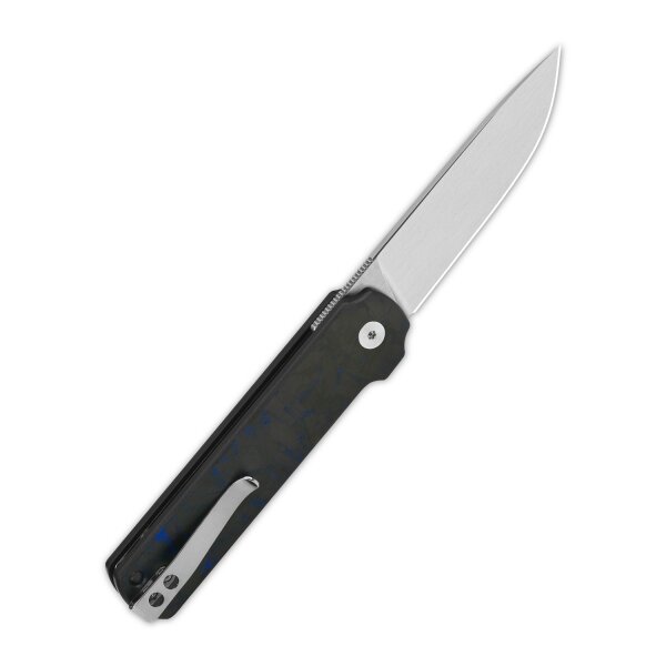 QSP Knife LARK Folder Blue Shredded Carbon 14C28N