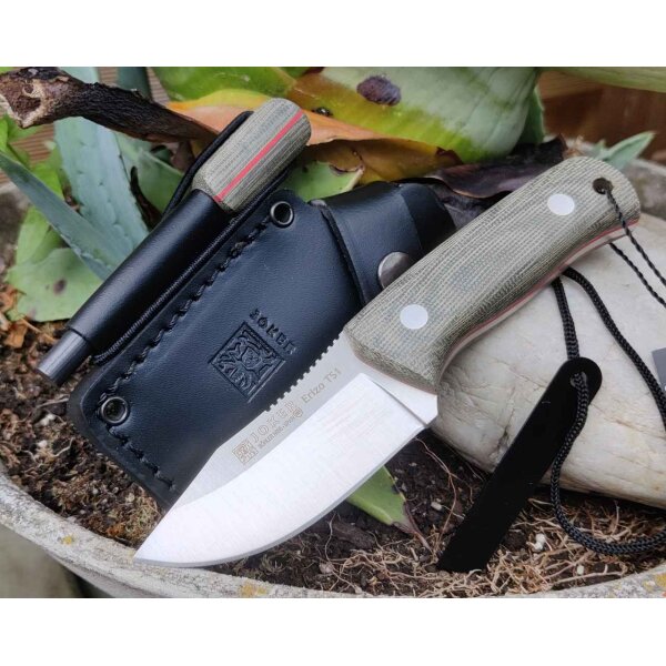Joker Erizo TS1 Jagdmesser N695 Stahl Green Canvas Lederscheide Feuerstahl