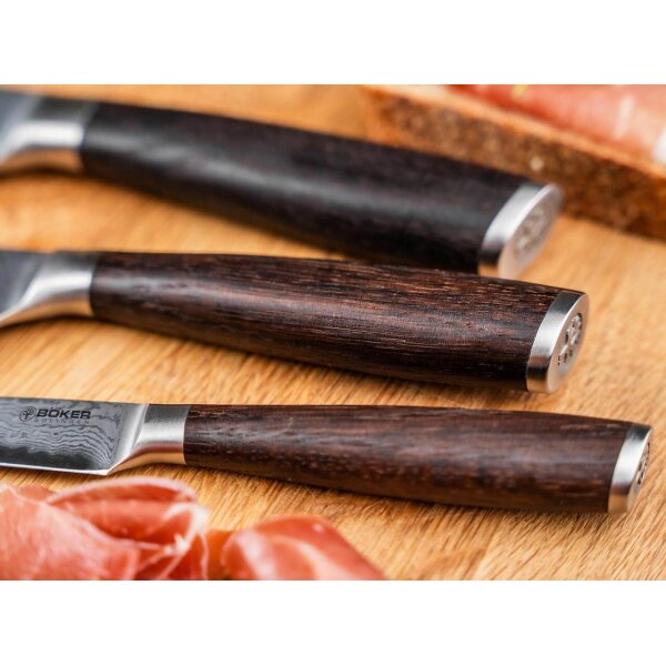 Böker Solingen Meisterklinge Damast Santoku mit Räuchereichegriff